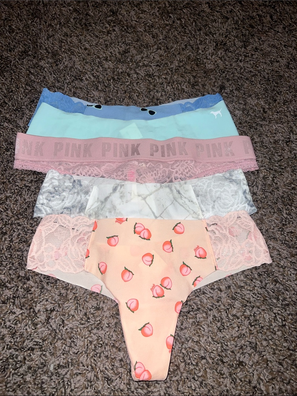 PINK Victoria's Secret Peach Print Lace Thong 5 Set - Pink, Peach, Blue, Gray